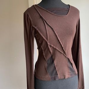 Long Sleeve Tee Dressy. Top Sheer Neck, Raw Seems, Flattering Criss Cross